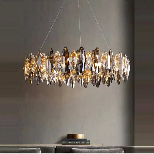 A modern decorbites crystal led chandelier with clear and smoky faceted crystal droplets for living room light