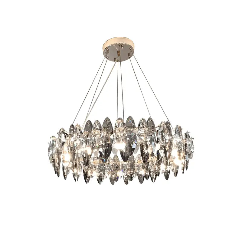 A modern crystal led chandelier with clear and smoky teardrop crystals and chrome finish for living room decorbites crystal led