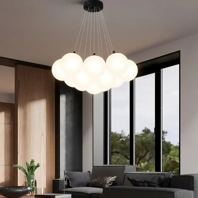 Modern cloud frosted glass ball led pendant light with black metal fixture for living room decorbites glass ball pendant light