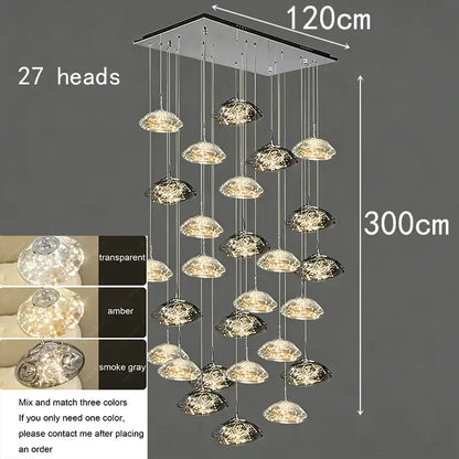 Modern cloud glass crystal pendant chandelier 120cm x 300cm with 27 faceted glass heads in transparent amber and smoke gray finishes
