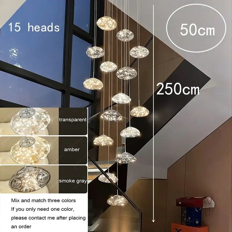 A modern 15-head crystal pendant chandelier with transparent amber and smoke gray glass as a dining room focal point