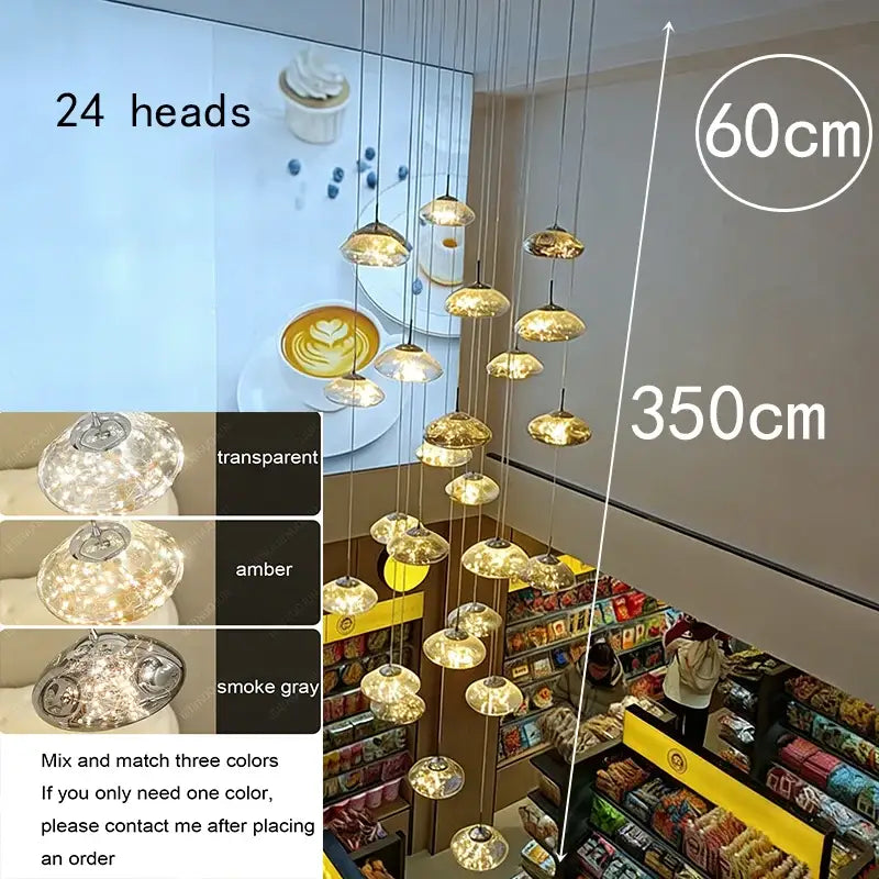 Modern cloud glass crystal pendant chandelier with 24 amber and smoke gray glass lights as dining room focal point