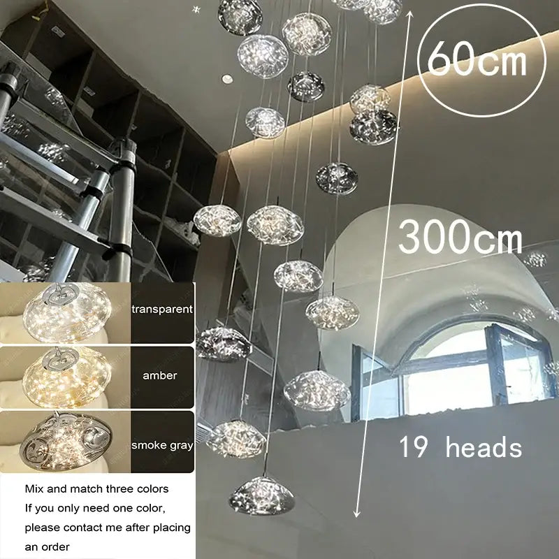 Modern cloud glass crystal pendant chandelier 300cm long with 19 spherical glass lights in transparent amber and smoke gray finishes