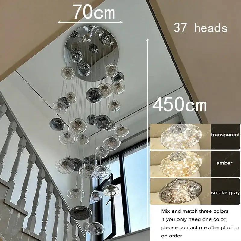 Modern cloud glass crystal pendant chandelier with 37 glass globes in transparent amber or smoke gray as a focal point