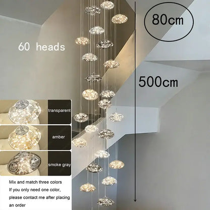 Modern cloud glass crystal pendant chandelier with 60 crystal-like glass heads in transparent, amber, and smoke gray finishes