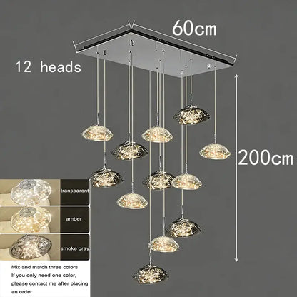 Modern cloud glass crystal pendant chandelier with twelve amber transparent and smoke gray lamp heads as focal point