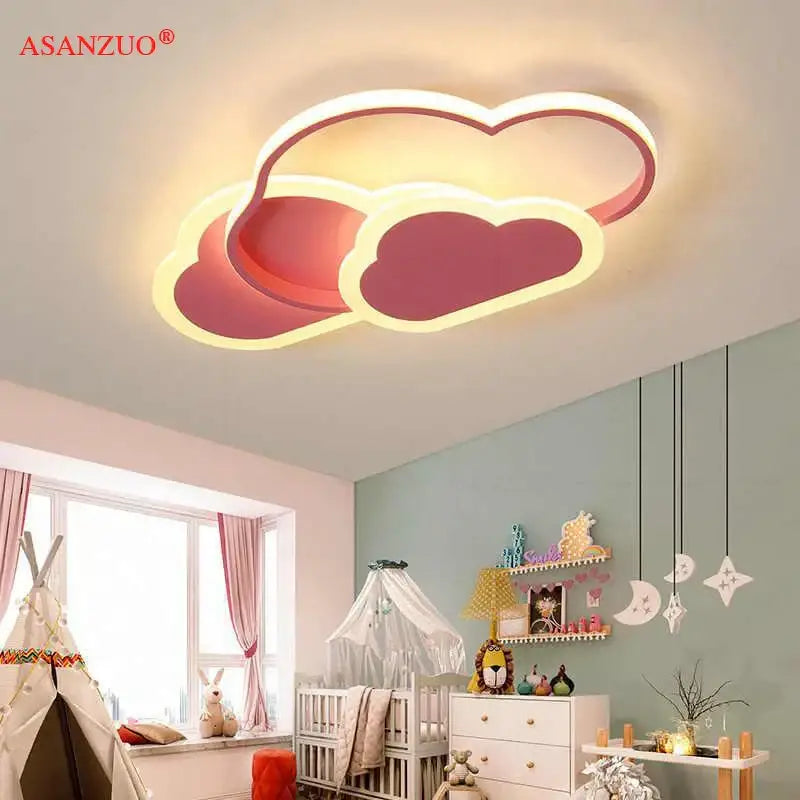 Modern cloud pink led ceiling light with a pink and white cloud shape and glowing outline for dimmable bedroom decorbites cloud pink