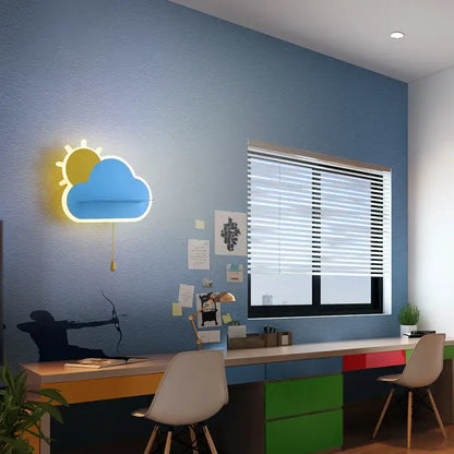 Modern colored blue and yellow neon decorbites cloud wall lamps with wooden pull chain for childrens bedroom wall lamps