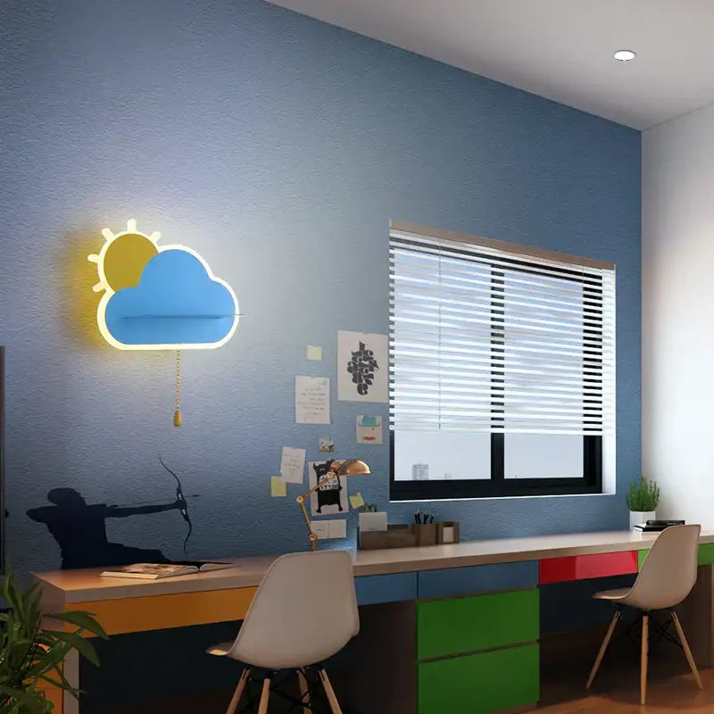 Modern colored blue and yellow neon decorbites cloud wall lamps with wooden pull chain for childrens bedroom wall lamps