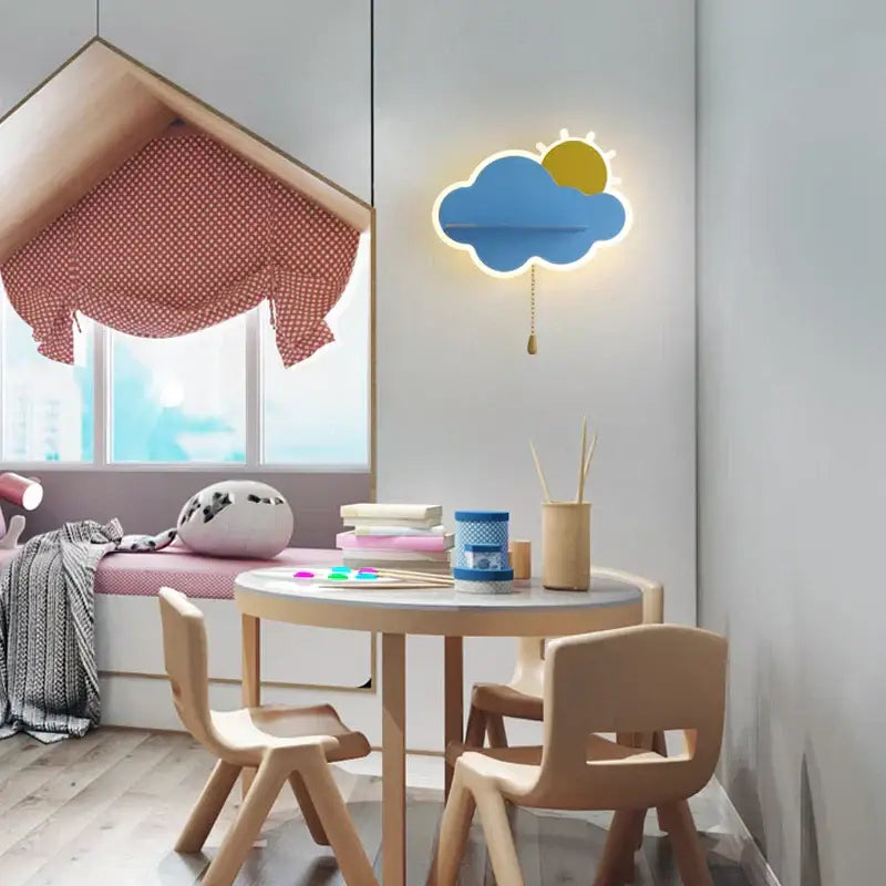 Modern blue and yellow cloud wall lamp with sun detail and wooden pull chain for childrens bedroom decorbites cloud wall lamps