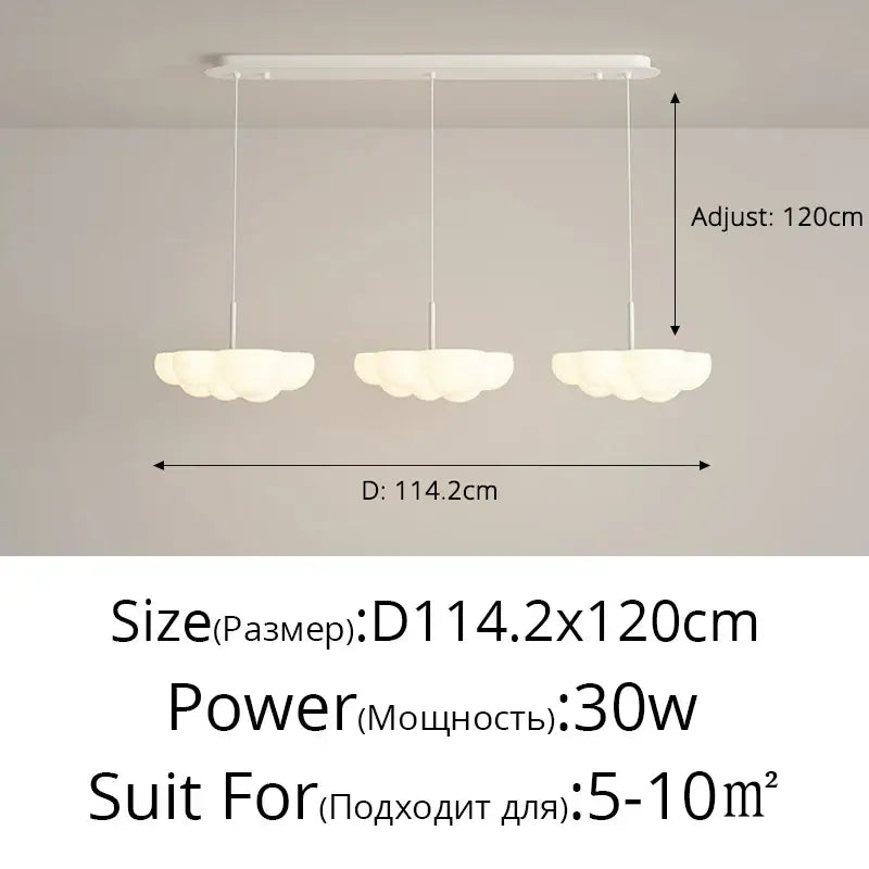Modern cloud white floating pendant light with three softly diffused bulbs hanging from rectangular mount decorbites cloud white