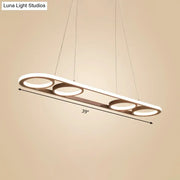 Modern coffee led ceiling pendant light metal island lighting with sleek rectangular frame and four circular led rings in white