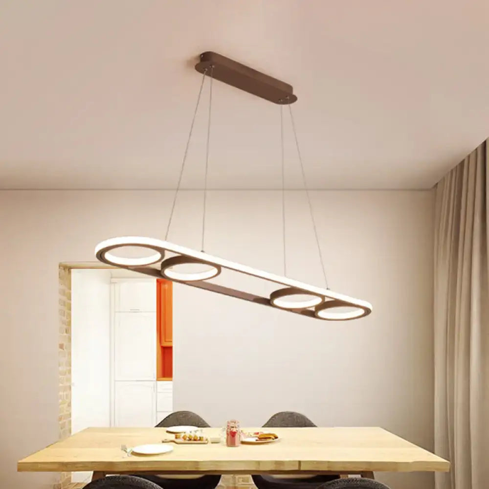 Modern rectangular coffee led ceiling pendant light with three circular led rings and dark bronze metal island lighting