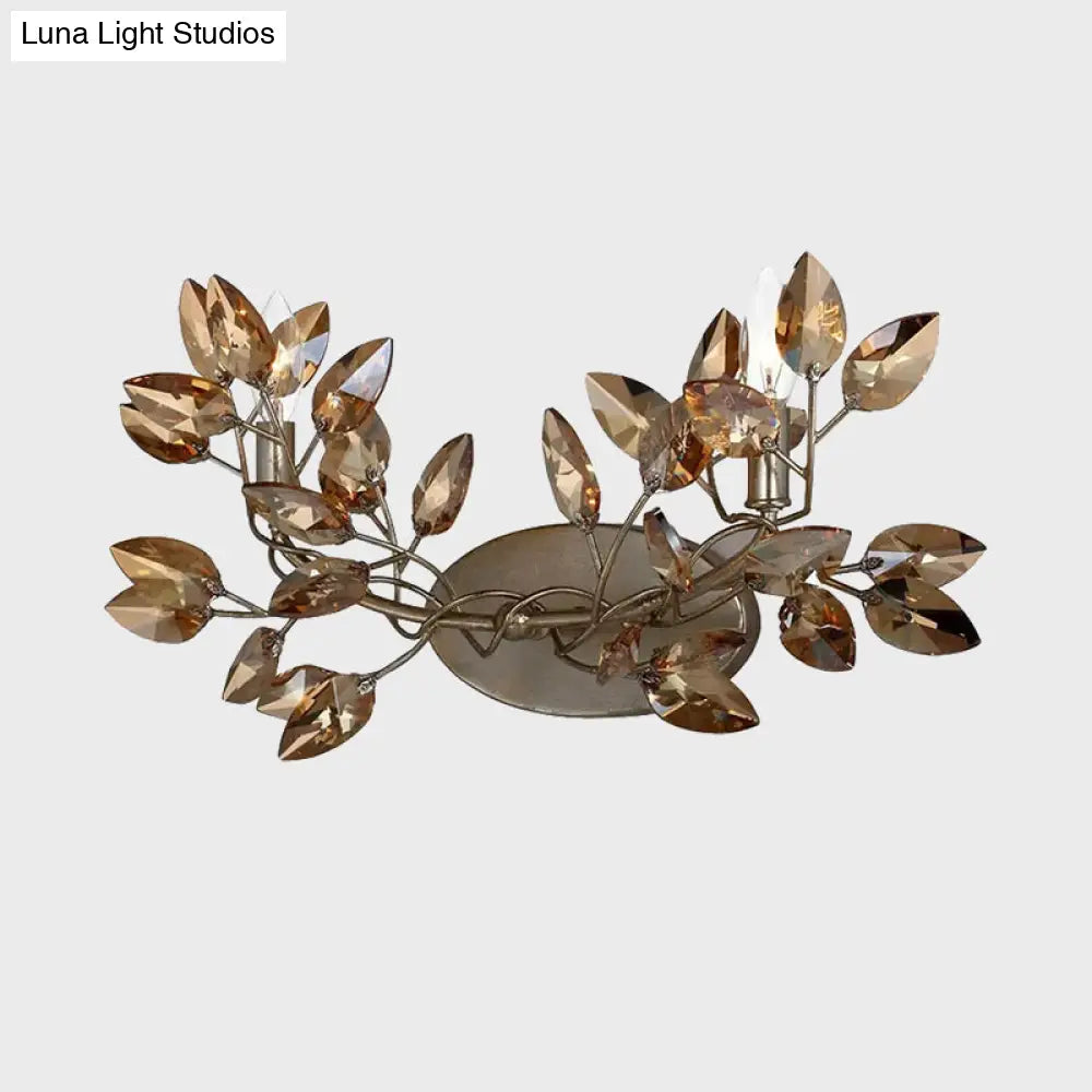 DecorBites™ DecorBites™ Modern Coffee Wall Sconce with Amber Crystal Shade and Vine Leaf Design - Set of 2