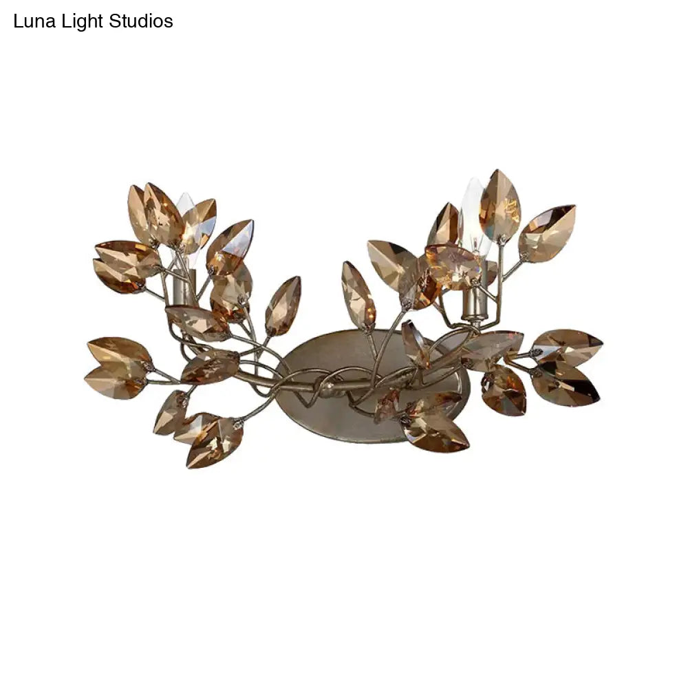 DecorBites™ DecorBites™ Modern Coffee Wall Sconce with Amber Crystal Shade and Vine Leaf Design - Set of 2