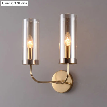 DecorBites™ DecorBites™ Modern Cognac Glass Cylinder Sconce Light with 2 Bulbs - Gold Wall Mount Lamp