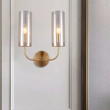 DecorBites™ DecorBites™ Modern Cognac Glass Cylinder Sconce Light with 2 Bulbs - Gold Wall Mount Lamp