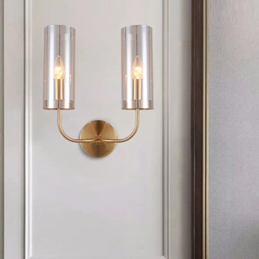 DecorBites™ DecorBites™ Modern Cognac Glass Cylinder Sconce Light with 2 Bulbs - Gold Wall Mount Lamp