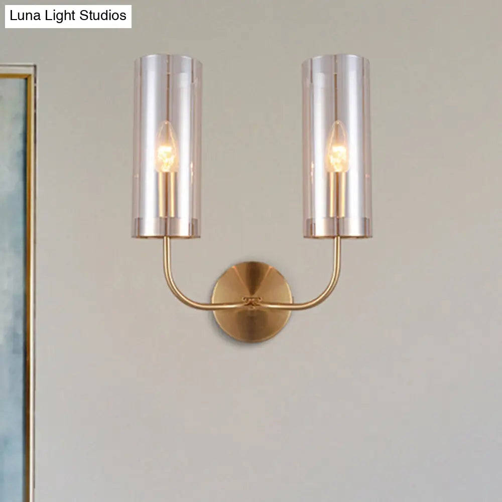 DecorBites™ DecorBites™ Modern Cognac Glass Cylinder Sconce Light with 2 Bulbs - Gold Wall Mount Lamp