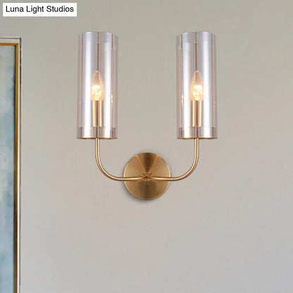 DecorBites™ DecorBites™ Modern Cognac Glass Cylinder Sconce Light with 2 Bulbs - Gold Wall Mount Lamp
