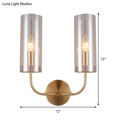 DecorBites™ DecorBites™ Modern Cognac Glass Cylinder Sconce Light with 2 Bulbs - Gold Wall Mount Lamp