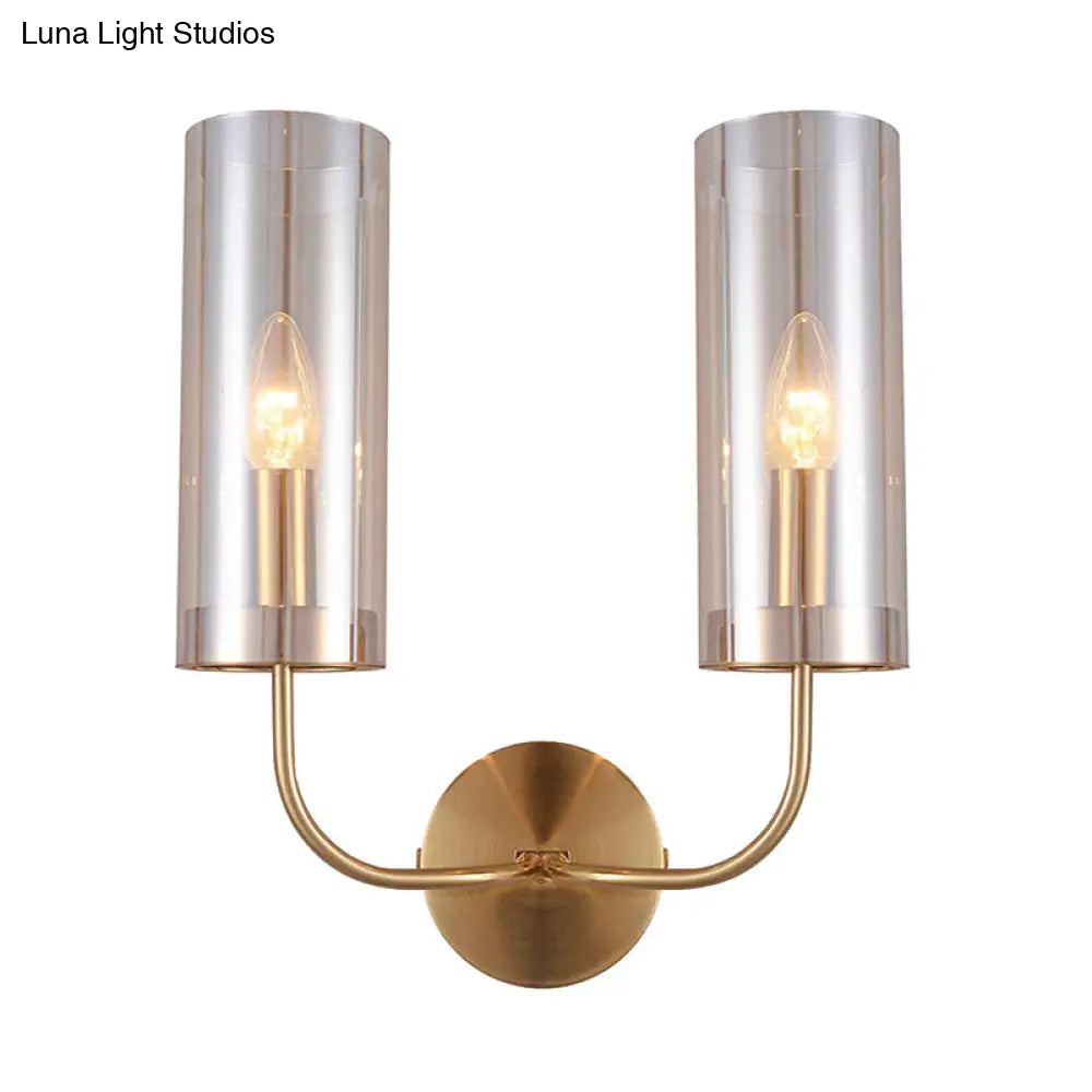 DecorBites™ DecorBites™ Modern Cognac Glass Cylinder Sconce Light with 2 Bulbs - Gold Wall Mount Lamp