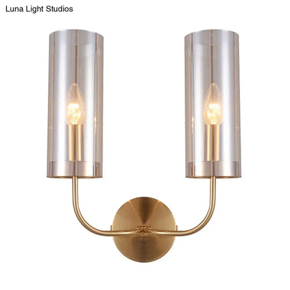 DecorBites™ DecorBites™ Modern Cognac Glass Cylinder Sconce Light with 2 Bulbs - Gold Wall Mount Lamp
