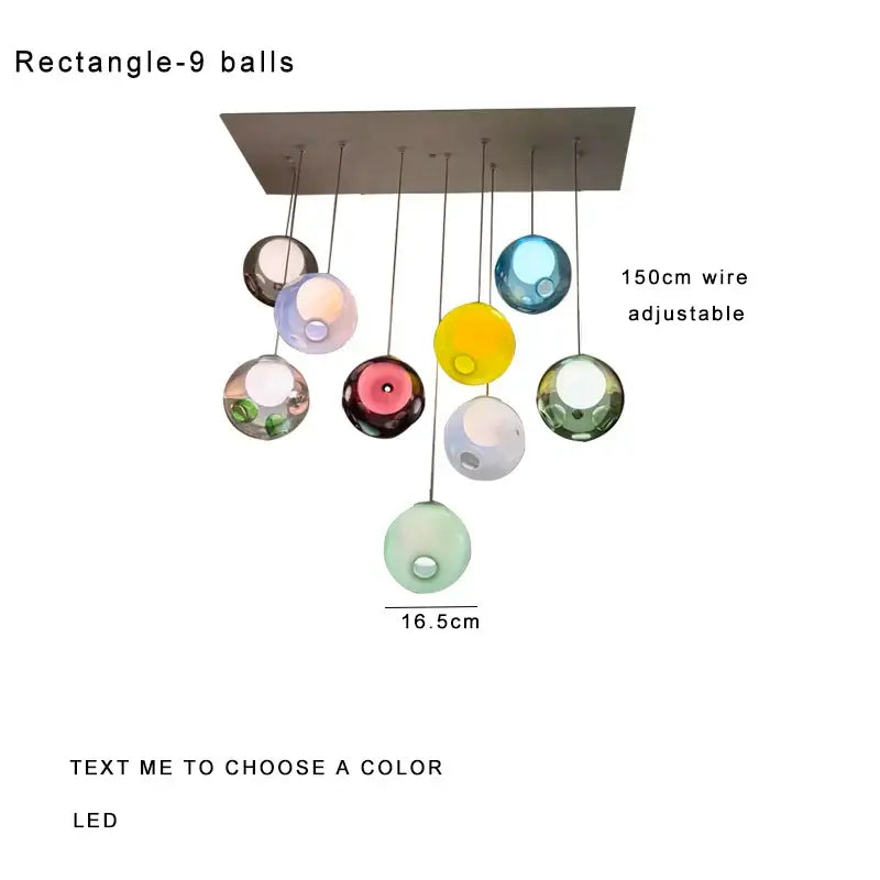 Modern colorful balls chandelier featuring nine colorful translucent glass spheres suspended by wires for dining room decorbites colorful balls