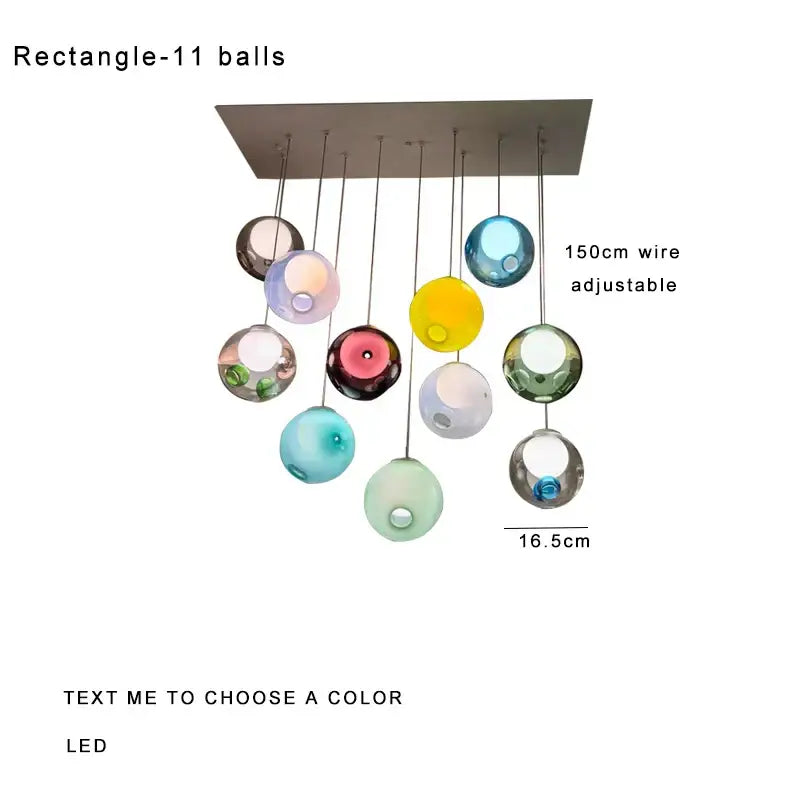 Modern colorful balls chandelier featuring eleven colorful translucent glass spheres suspended by adjustable wires for dining room decorbites colorful balls