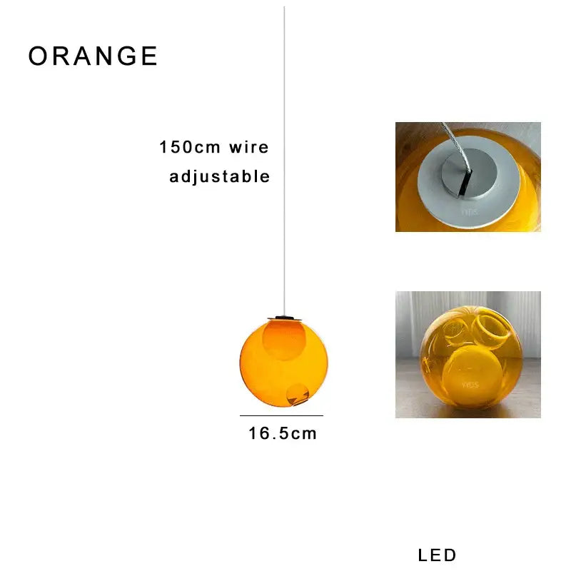 Modern colorful balls chandelier featuring an orange spherical led pendant light with amber glass by decorbites colorful balls