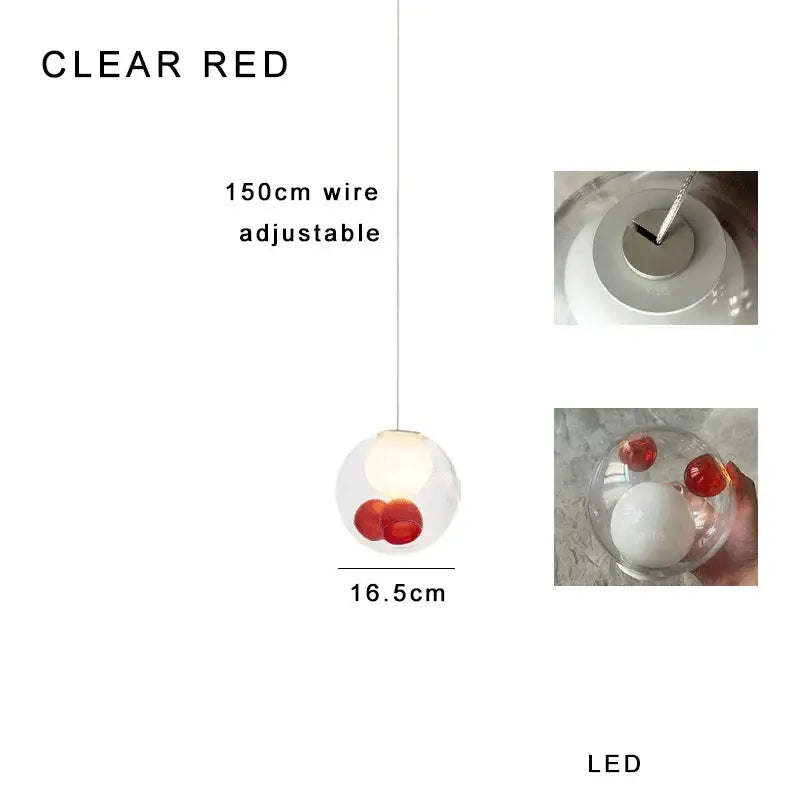Modern colorful balls chandelier featuring a clear red led glass pendant light with spherical globe and adjustable wire by decorbites colorful balls