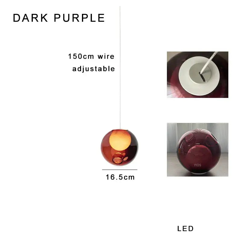 Dark purple spherical led pendant light with 16.5cm diameter and adjustable wire in decorbites colorful balls chandelier design