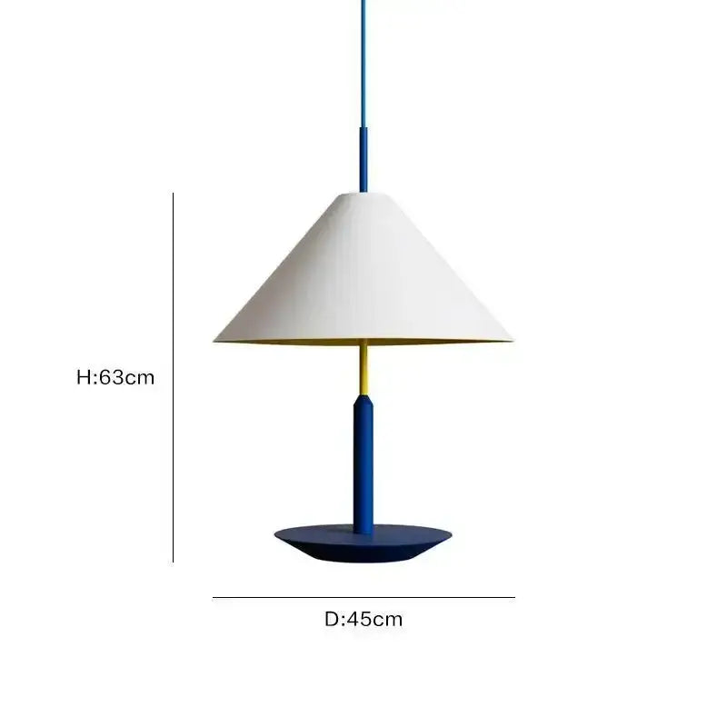 A modern colorful bucket shape led desk lamp with white conical shade blue stem and gold inner rim for decorbites bucket shape