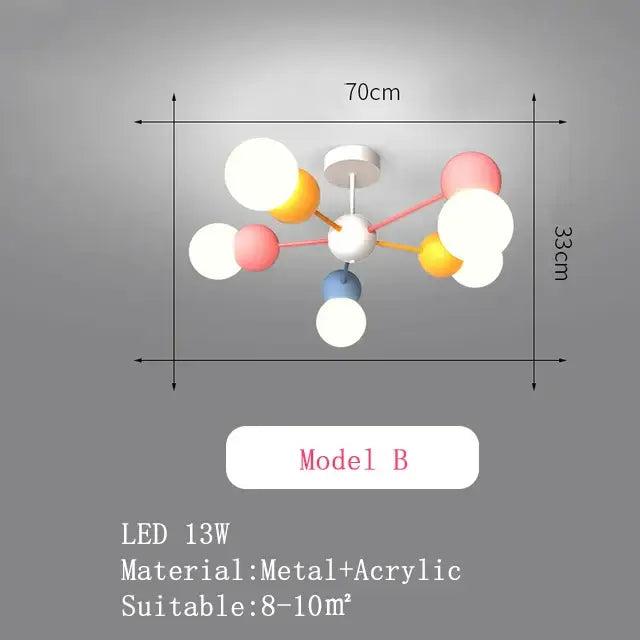 Modern colorful cartoon led chandelier light with white pink yellow and blue acrylic spheres on metal frame for kids bedroom