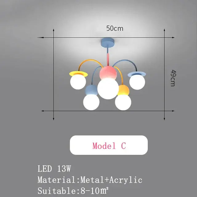Modern colorful cartoon led chandelier light with pink central sphere and yellow blue arms holding white bulbs for kids bedroom