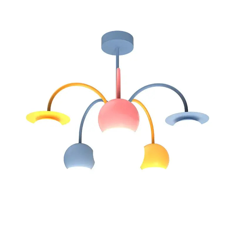 Modern colorful cartoon led chandelier light with pastel curved arms and pink yellow blue lampshades for kids bedroom