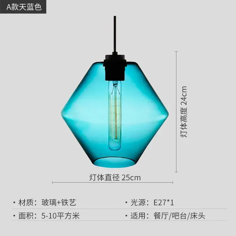 Modern colorful geometric glass pendant light featuring a translucent turquoise hexagonal glass and black metal fixture by decorbites geometric glass pendant lights