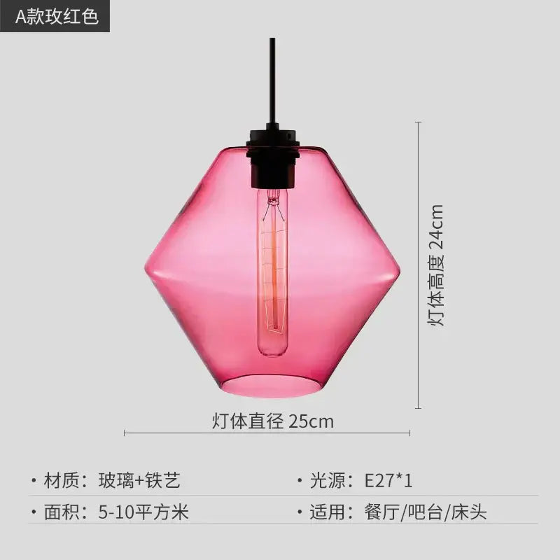 Modern colorful geometric glass pendant light featuring a vibrant pink hexagonal glass shade and exposed Edison bulb by decorbites geometric glass