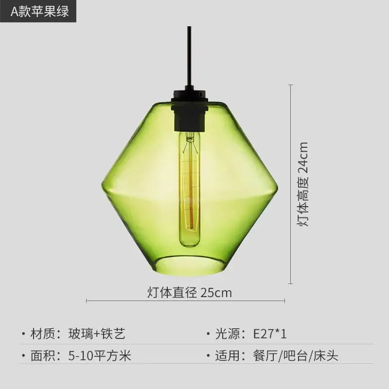 Modern colorful geometric glass pendant light with lime green shade and black metal hardware for kitchen lighting decorbites pendant light