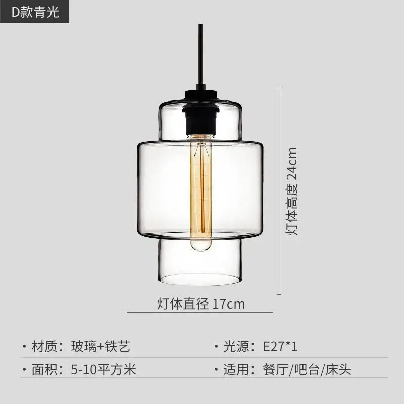 Modern colorful geometric glass pendant light featuring clear glass with a black metal fixture and edison bulb, decorbites geometric glass