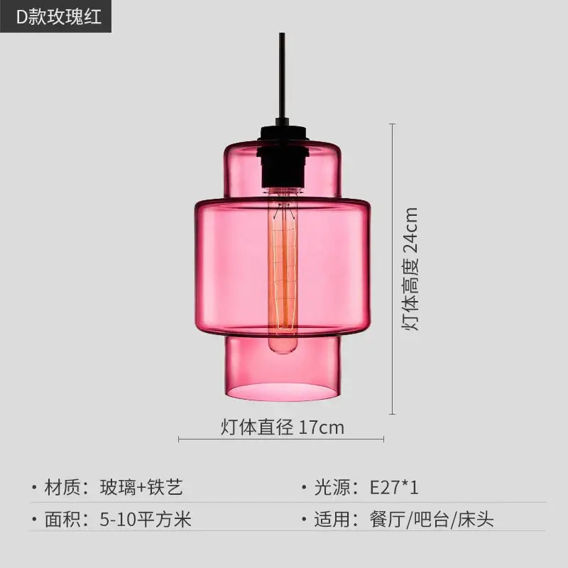 Modern colorful geometric glass pendant light with tiered pink translucent glass and black iron for kitchen lighting decorbites pendant light