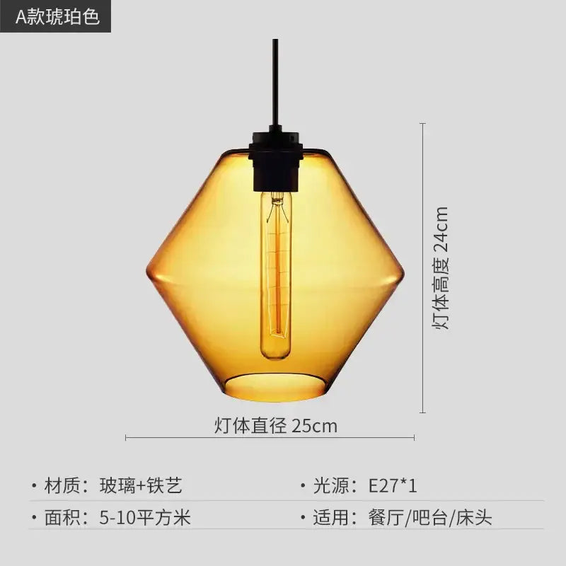 A warm amber glass pendant light with a hexagonal shape and exposed edison bulb from decorbites geometric glass pendant lights