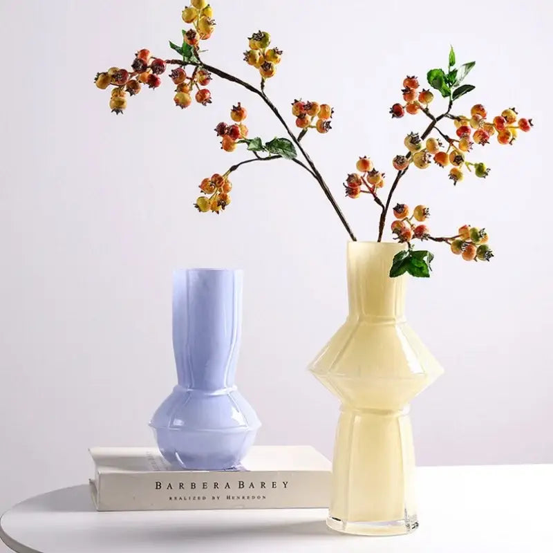 Cream-colored glossy geometric glass vase with faceted modern design for decorbites colorful geometric living room decor
