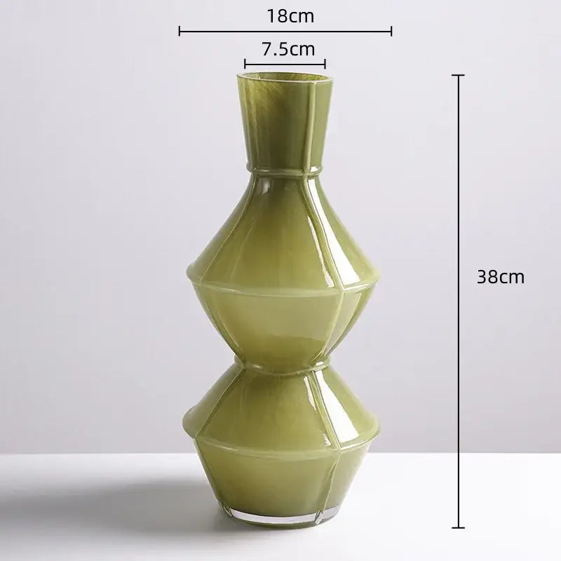 A sleek olive-green colorful geometric glass vase with stacked faceted sections for modern living room decorbites decor