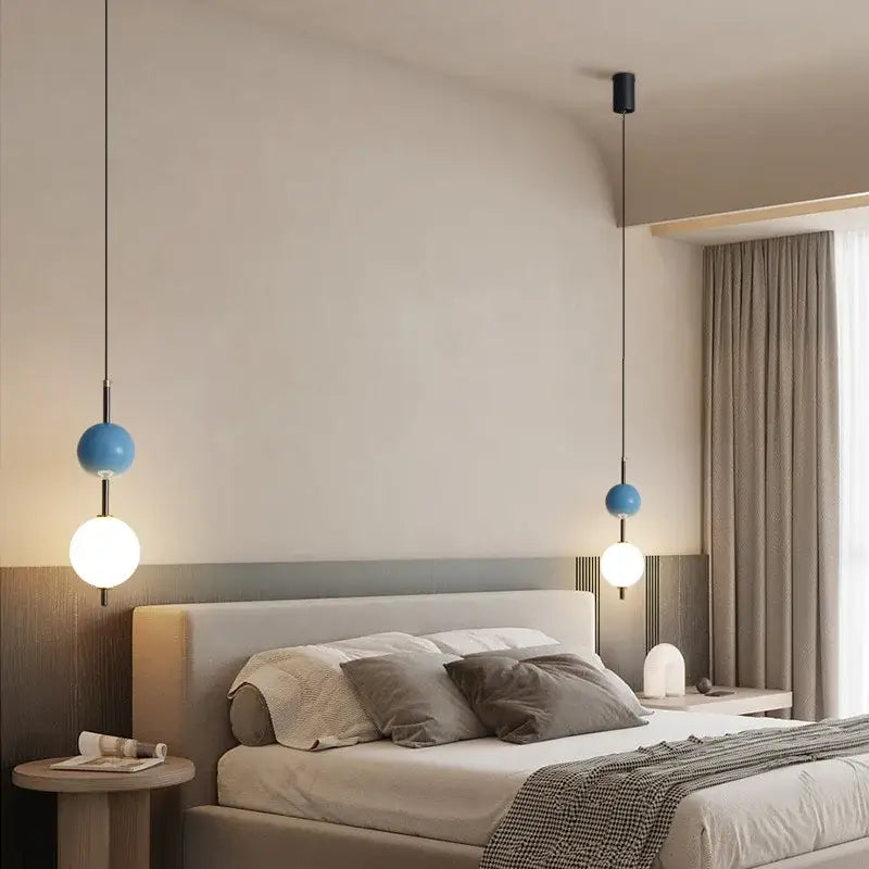 Blue spherical pendant light with white glass ball led shades for dining room decorbites glass ball design