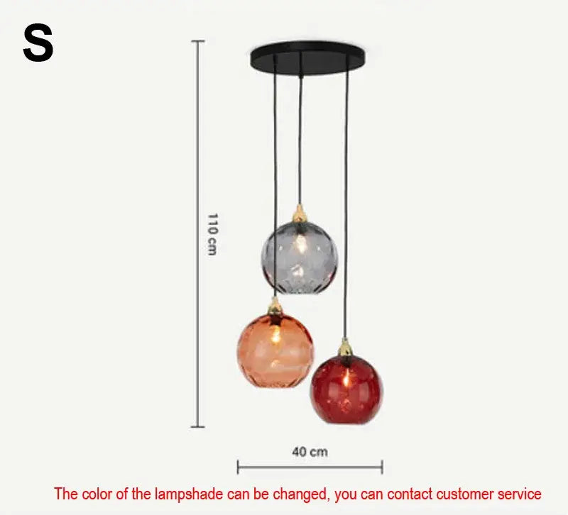 Modern colorful three-tiered pendant lights with gray amber and deep red spherical glass shades by decorbites glass ball lustre