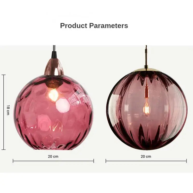 Two modern glass ball lustre pendant lights with textured pink and smooth dark purple glass for kitchen decorbites decor