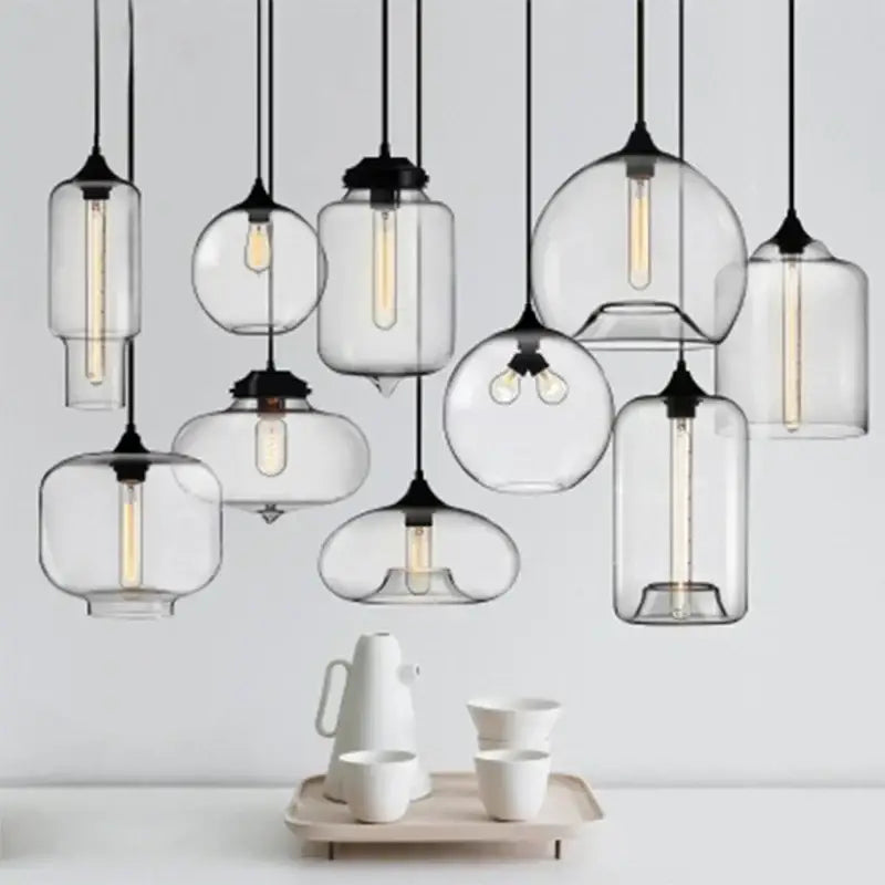 Modern colorful decorbites glass bowl pendant lights with clear glass and black metal fixtures for kitchen dining room decor