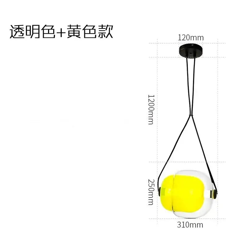 A modern pendant light featuring a colorful glass capsule led with a transparent globe and vibrant yellow interior