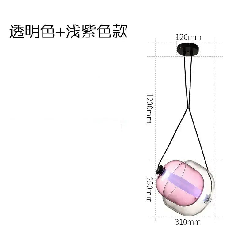 A modern pendant light with a colorful glass capsule led featuring a transparent globe and lavender stripe for kitchen bar